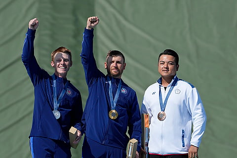 Men's Skeet: Gold medalist Vincent Hancock of the United States, center, silver medalist Conner Lynn Prince of the United States, left, and bronze medalist Taiwan's Lee Meng Yua